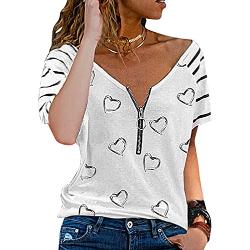 XIAOYUAN T-Shirt Zippé à col en V Femme Impression d'amour Manche Courtes Tops Sexy Été Casual Tunique Chic DéContracté Ample Élégant Tee Shirt