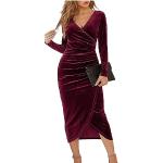 Robes de bal longues d'automne rouge bordeaux en velours midi à manches longues Taille M look fashion pour femme en promo 