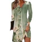 Robes de cocktail de printemps vert clair à fleurs minis à manches longues à col rond Taille XXL look casual pour femme 