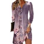 Robes de cocktail de printemps violettes à fleurs minis à manches longues à col rond Taille M look casual pour femme 