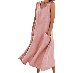 YMING Robes Maxi Débardeur pour Femmes Robe Couleur Solide Coton Lin Robe Longue Décontractée sans Manche Col Rond Rose XL