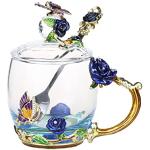 Tasses en verre bleues à fleurs en verre à motif papillons avec couvercle 320 ml en promo 