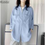 Chemises de printemps Zanzea bleus clairs en fibre synthétique à manches trois-quart Taille 3 XL plus size look casual pour femme 