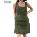 Robes d'été Zanzea vert foncé en coton lavable à la main au genou sans manches à col carré Taille 3 XL plus size look casual pour femme 