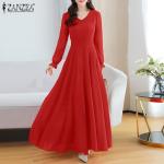 Robes de soirée longues de printemps Zanzea rouges en fibre synthétique maxi à manches longues Taille 3 XL plus size look casual pour femme 