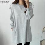 Robes sweat d'automne Zanzea grises patchwork en fibre synthétique à manches longues à col rond Taille 3 XL plus size look casual pour femme 
